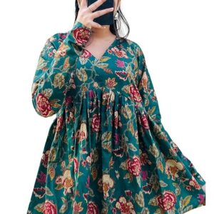 Buy MEERA FAB Women Cotton Regular Short Kurti Stylish Floral Printed Top Green, XL at Amazon.in