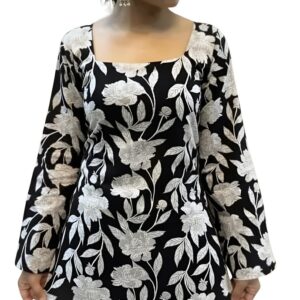 RM Women's Mustard Floral Printed Short Kurti | Cotton Blend Square Neck Full Sleeve Tunic Top | Summer Casual Wear Ethnic Kurta for Girls