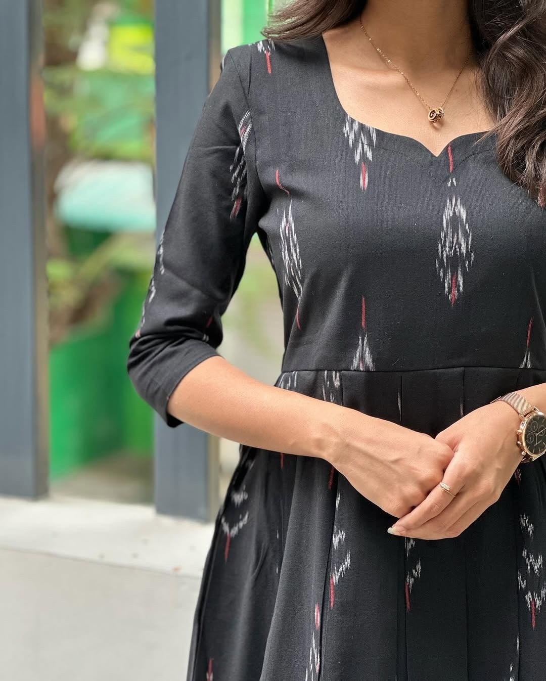 Women's Elegant Black Ikkat Cotton Maxi Dress - Image 2