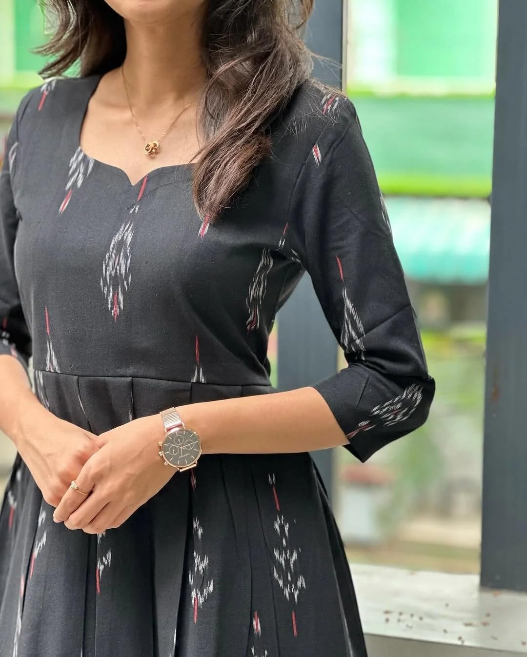 Women's Elegant Black Ikkat Cotton Maxi Dress - Image 3