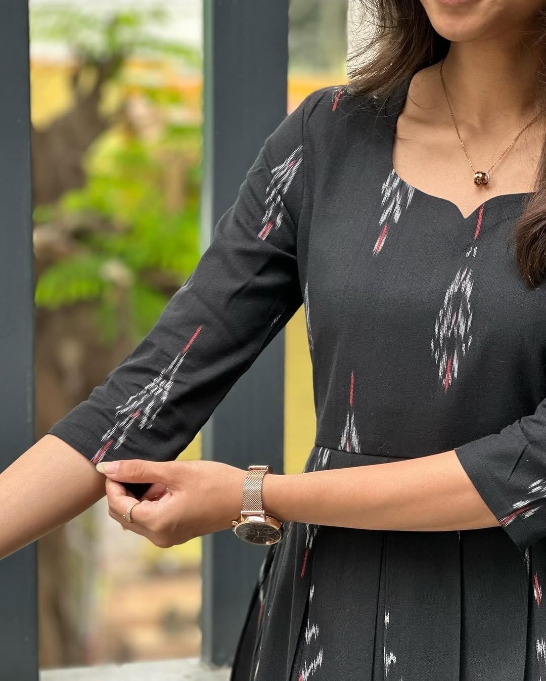 Women's Elegant Black Ikkat Cotton Maxi Dress - Image 4