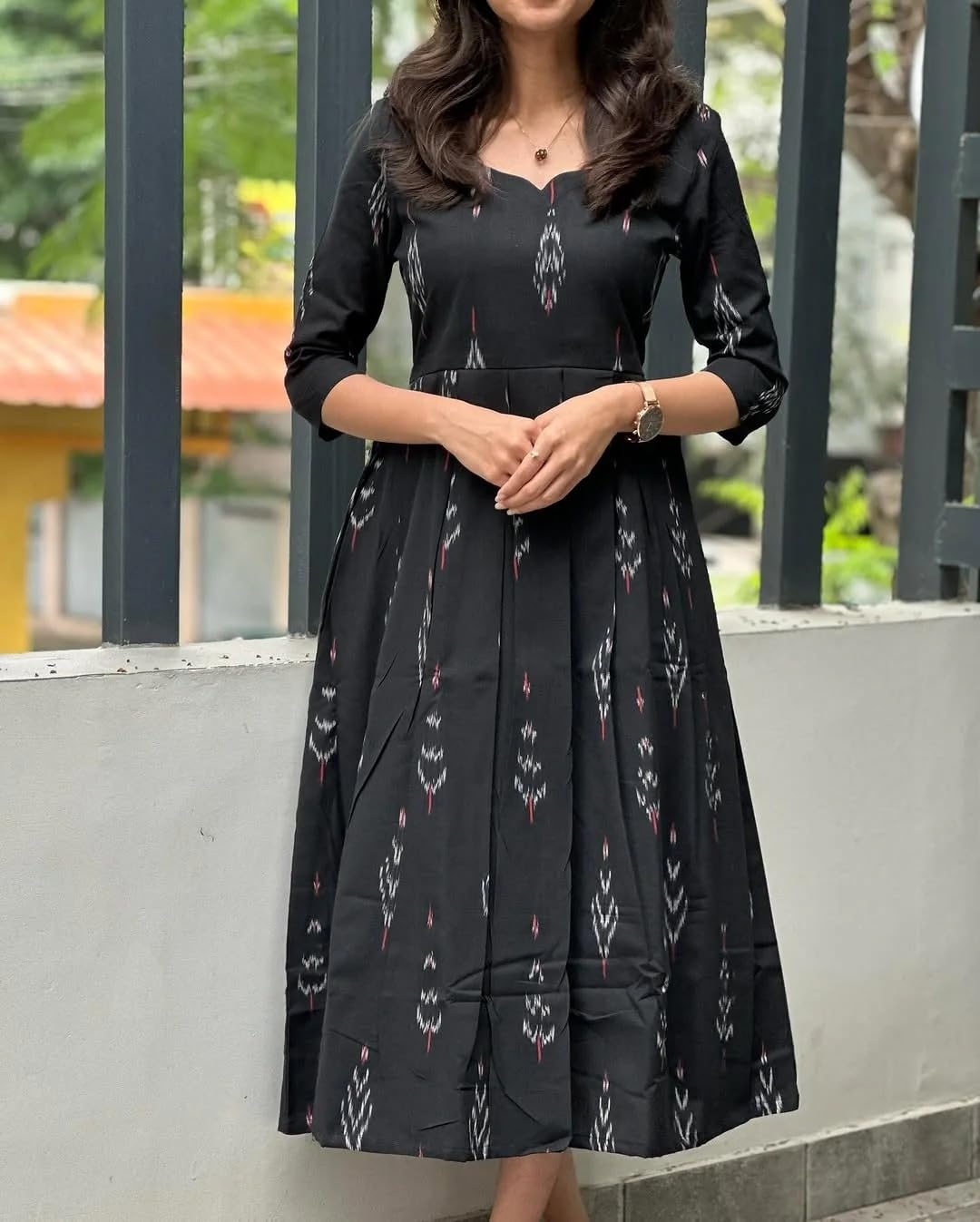 Women's Elegant Black Ikkat Cotton Maxi Dress - Image 6