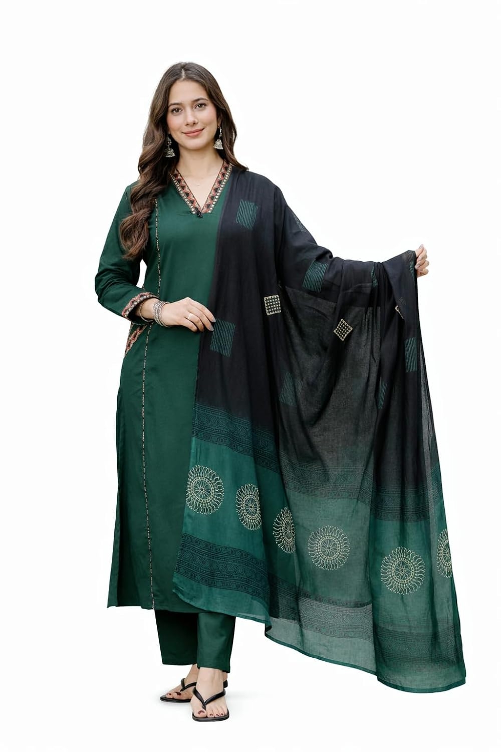 MEERA FAB Women Floral Printed Pure Cotton Straight V-Neck Kurta with Palazzos & Dupatta - Image 10