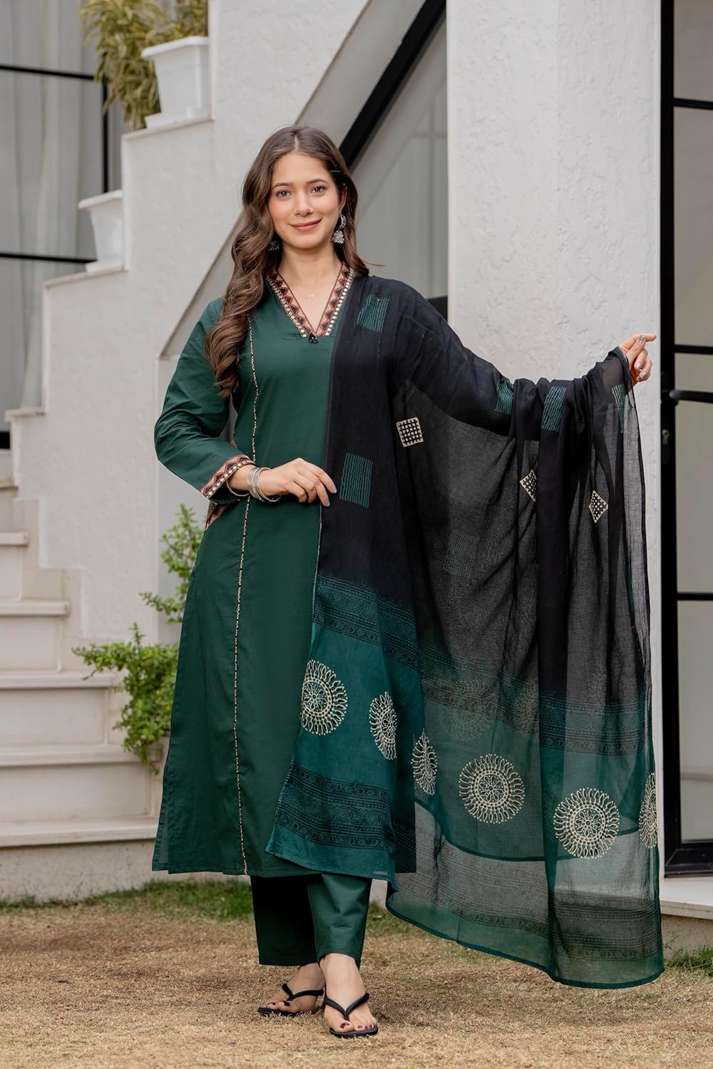 MEERA FAB Women Floral Printed Pure Cotton Straight V-Neck Kurta with Palazzos & Dupatta - Image 11