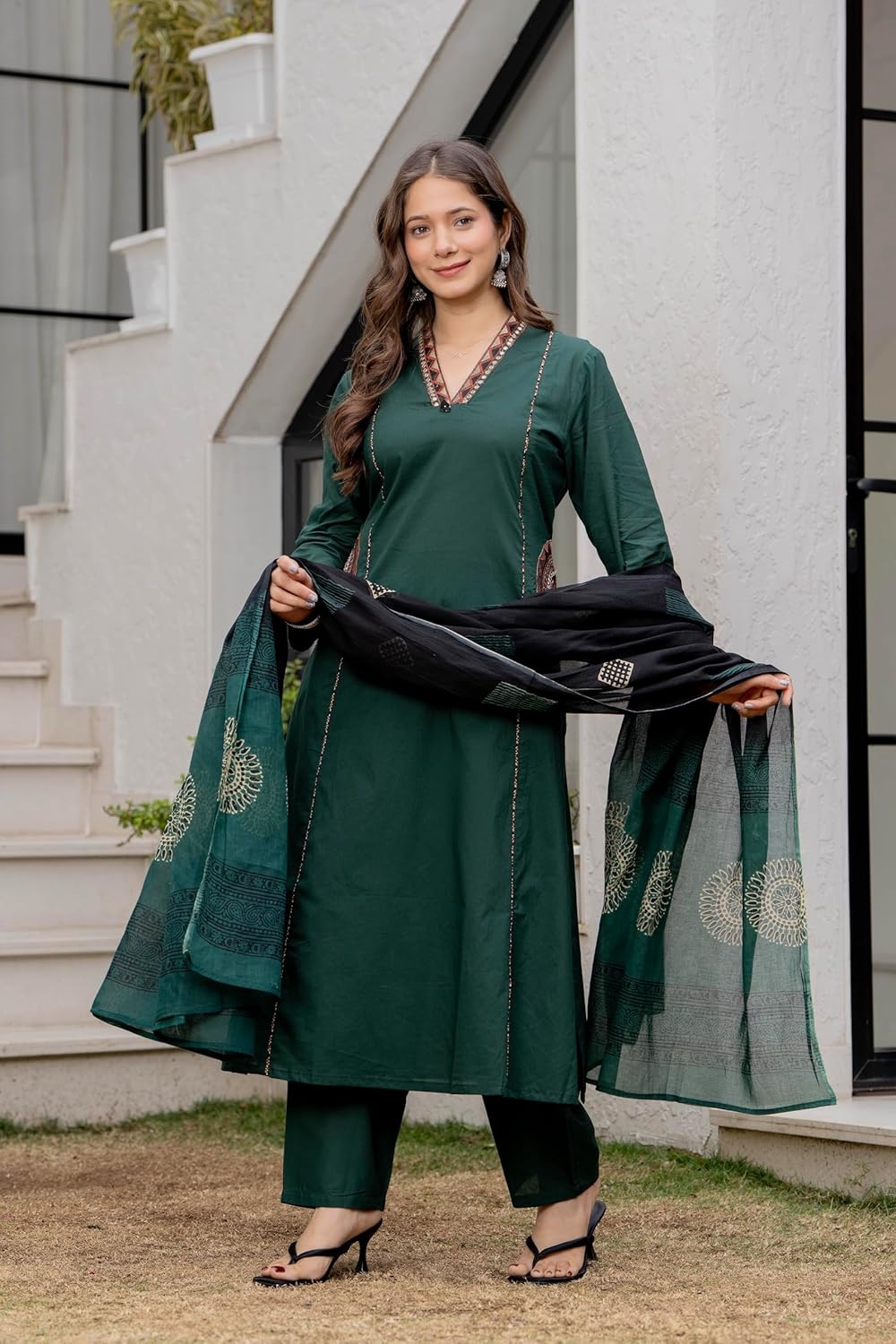 MEERA FAB Women Floral Printed Pure Cotton Straight V-Neck Kurta with Palazzos & Dupatta - Image 15