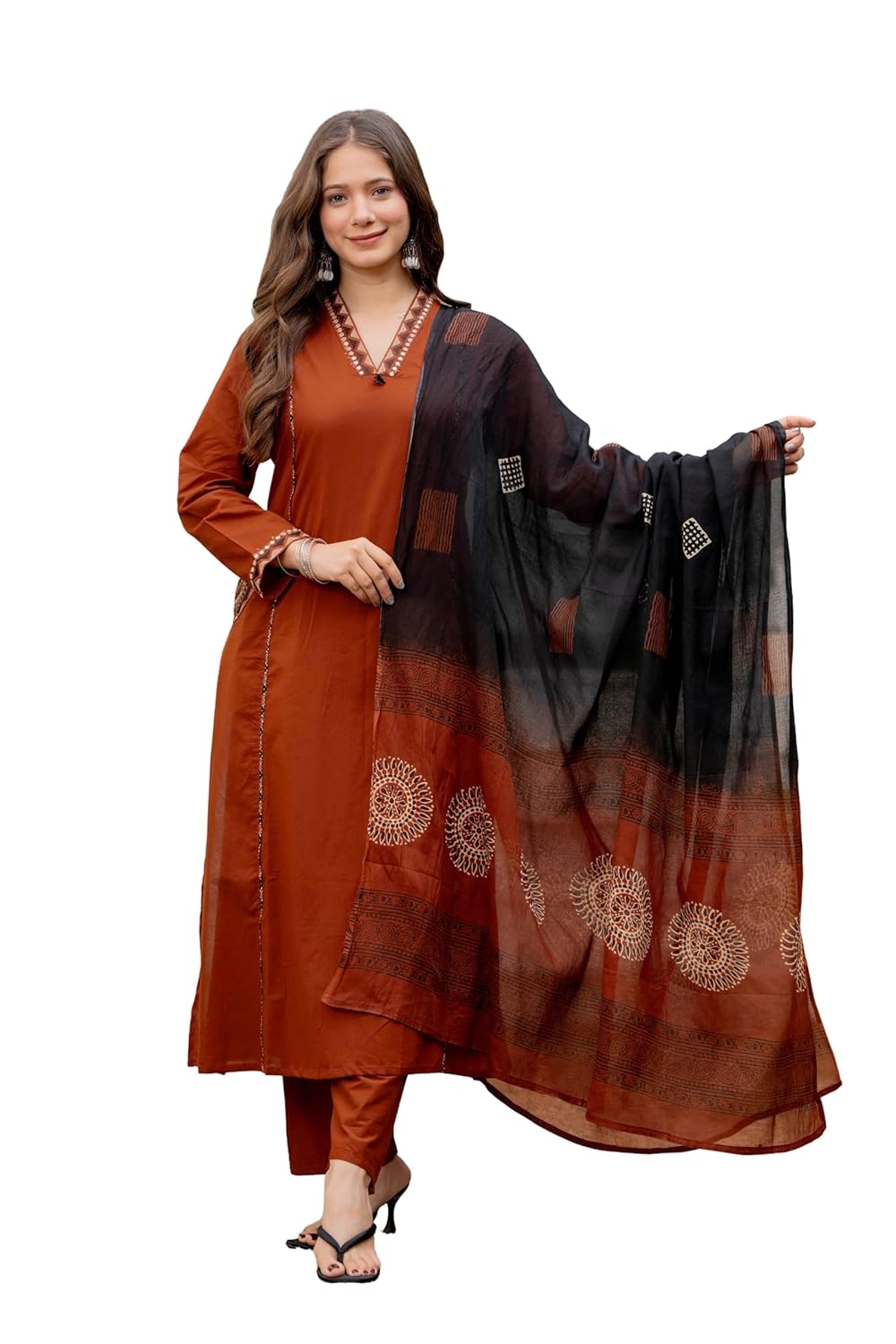 MEERA FAB Women Floral Printed Pure Cotton Straight V-Neck Kurta with Palazzos & Dupatta - Image 19