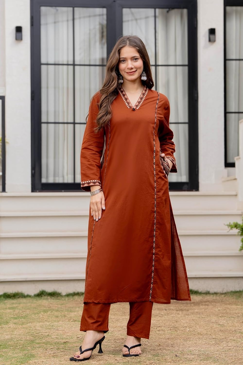 MEERA FAB Women Floral Printed Pure Cotton Straight V-Neck Kurta with Palazzos & Dupatta - Image 26