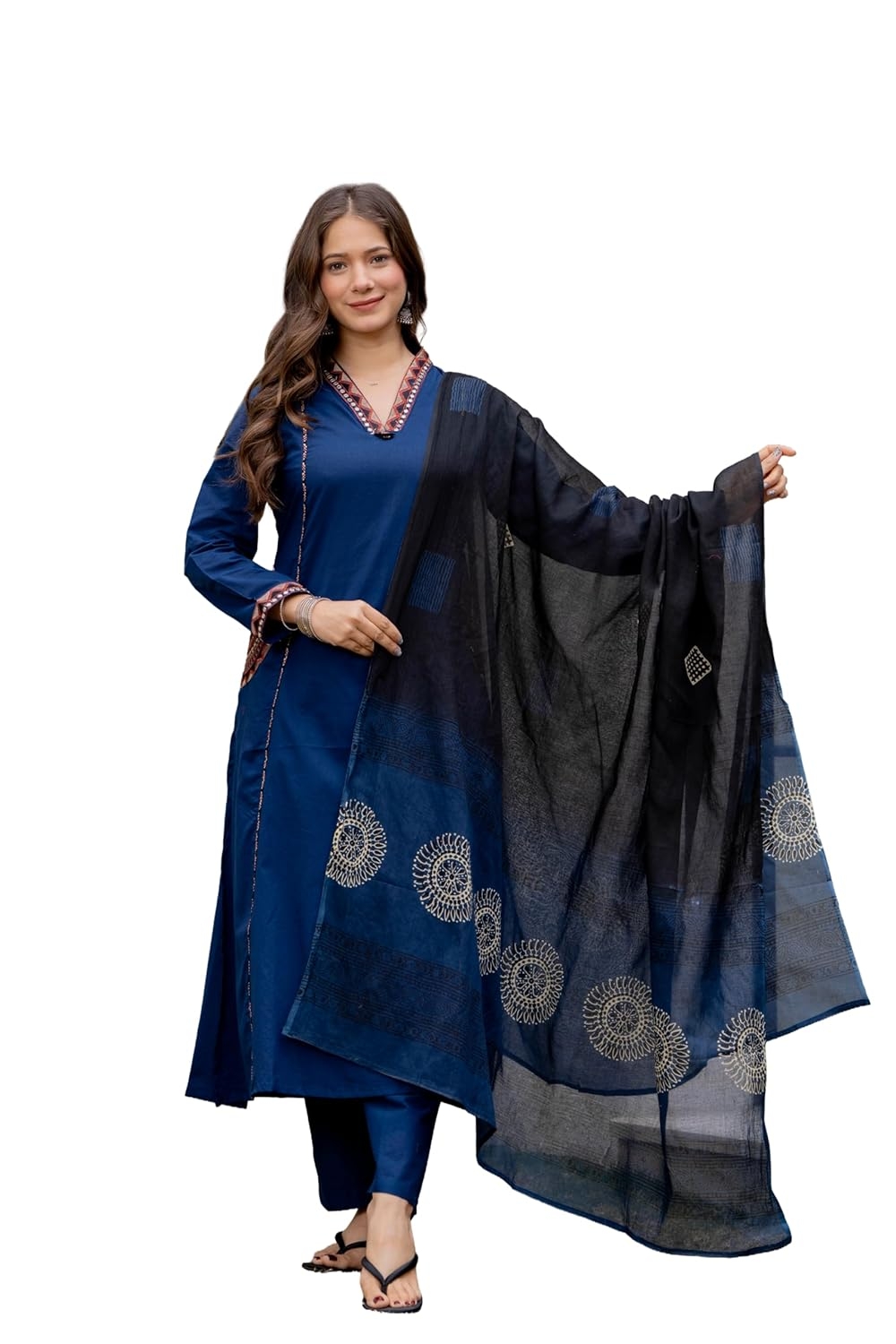 MEERA FAB Women Floral Printed Pure Cotton Straight V-Neck Kurta with Palazzos & Dupatta - Image 28