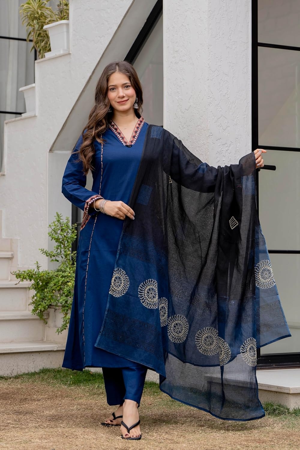 MEERA FAB Women Floral Printed Pure Cotton Straight V-Neck Kurta with Palazzos & Dupatta - Image 29