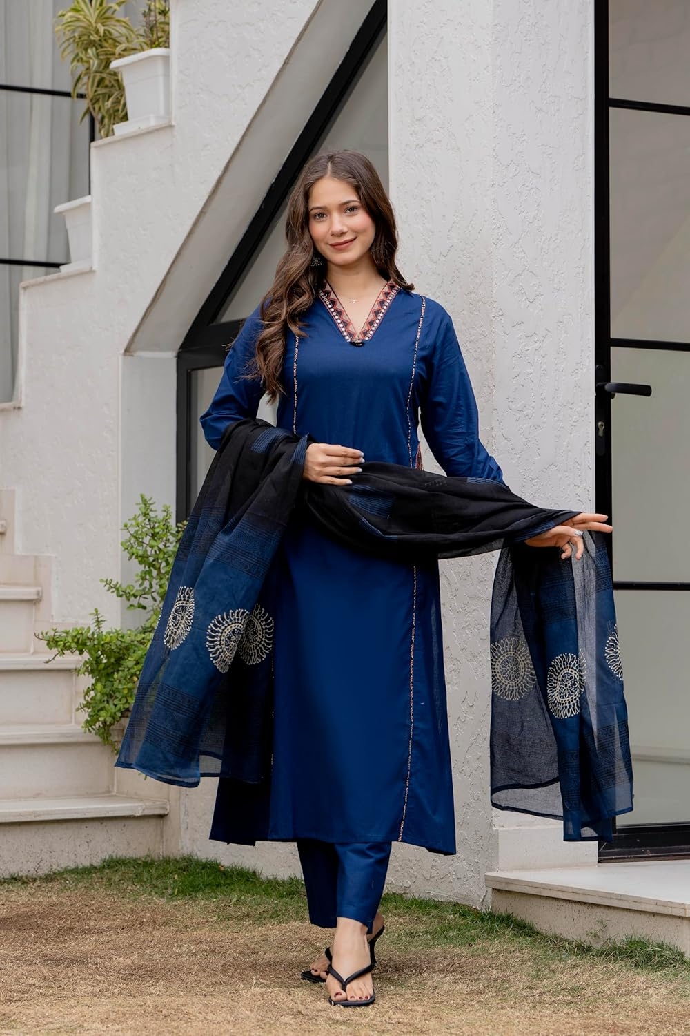 MEERA FAB Women Floral Printed Pure Cotton Straight V-Neck Kurta with Palazzos & Dupatta - Image 31