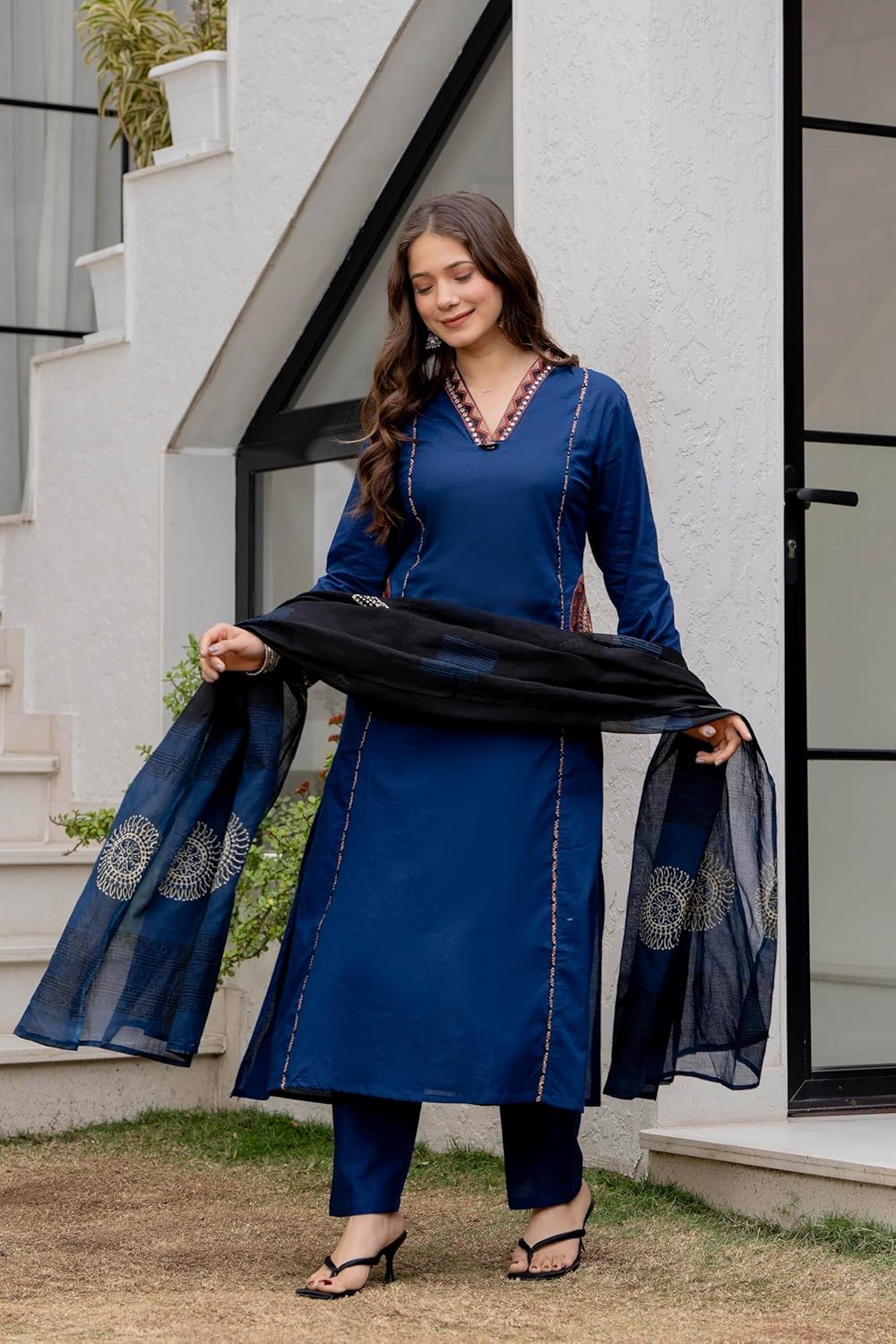 MEERA FAB Women Floral Printed Pure Cotton Straight V-Neck Kurta with Palazzos & Dupatta - Image 32