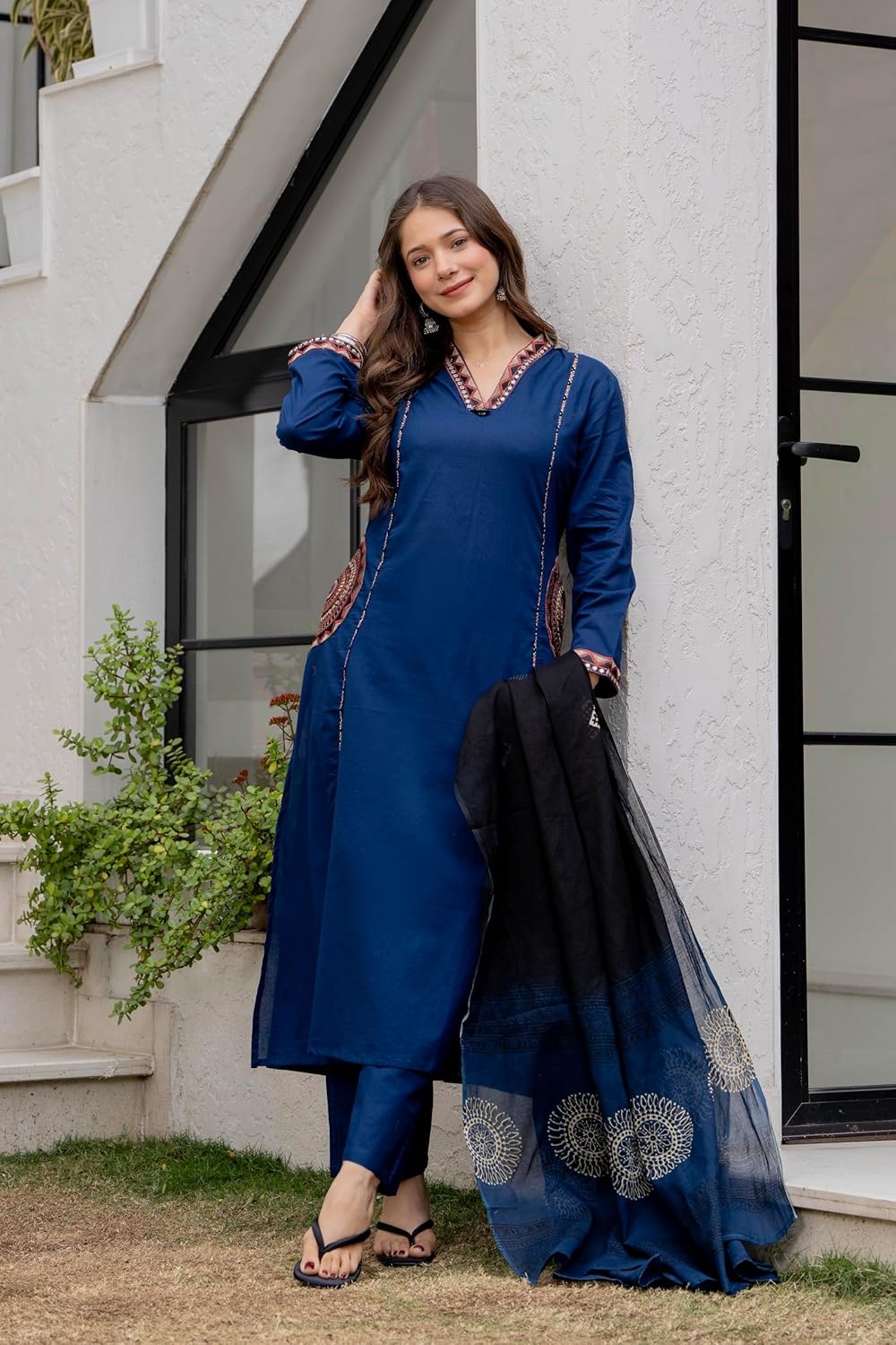 MEERA FAB Women Floral Printed Pure Cotton Straight V-Neck Kurta with Palazzos & Dupatta - Image 33