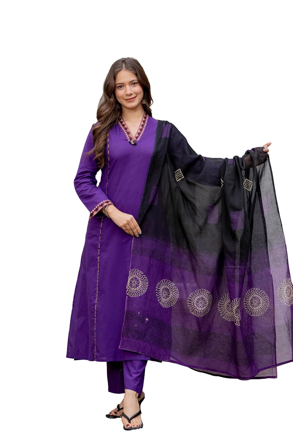 MEERA FAB Women Floral Printed Pure Cotton Straight V-Neck Kurta with Palazzos & Dupatta - Image 37