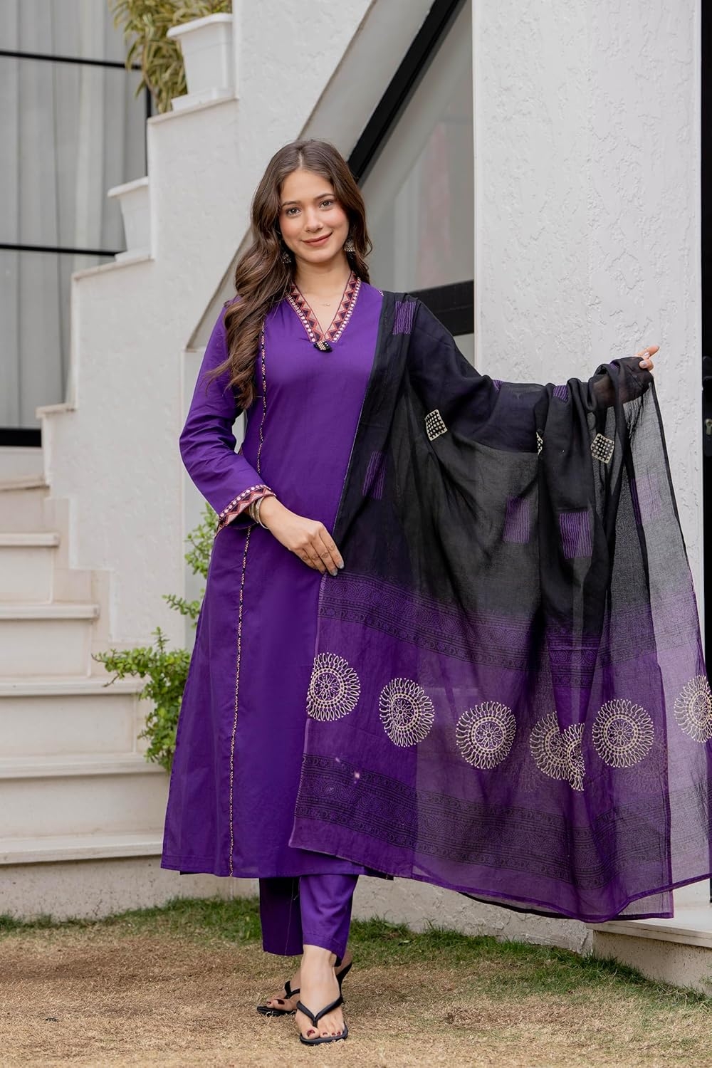 MEERA FAB Women Floral Printed Pure Cotton Straight V-Neck Kurta with Palazzos & Dupatta - Image 38