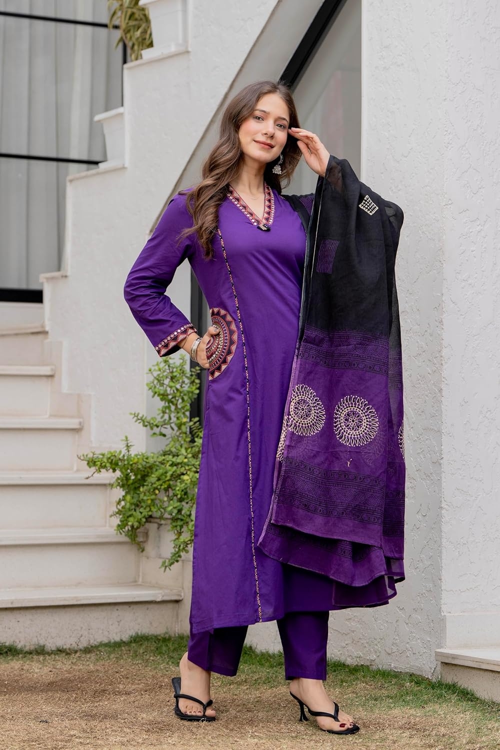 MEERA FAB Women Floral Printed Pure Cotton Straight V-Neck Kurta with Palazzos & Dupatta - Image 40