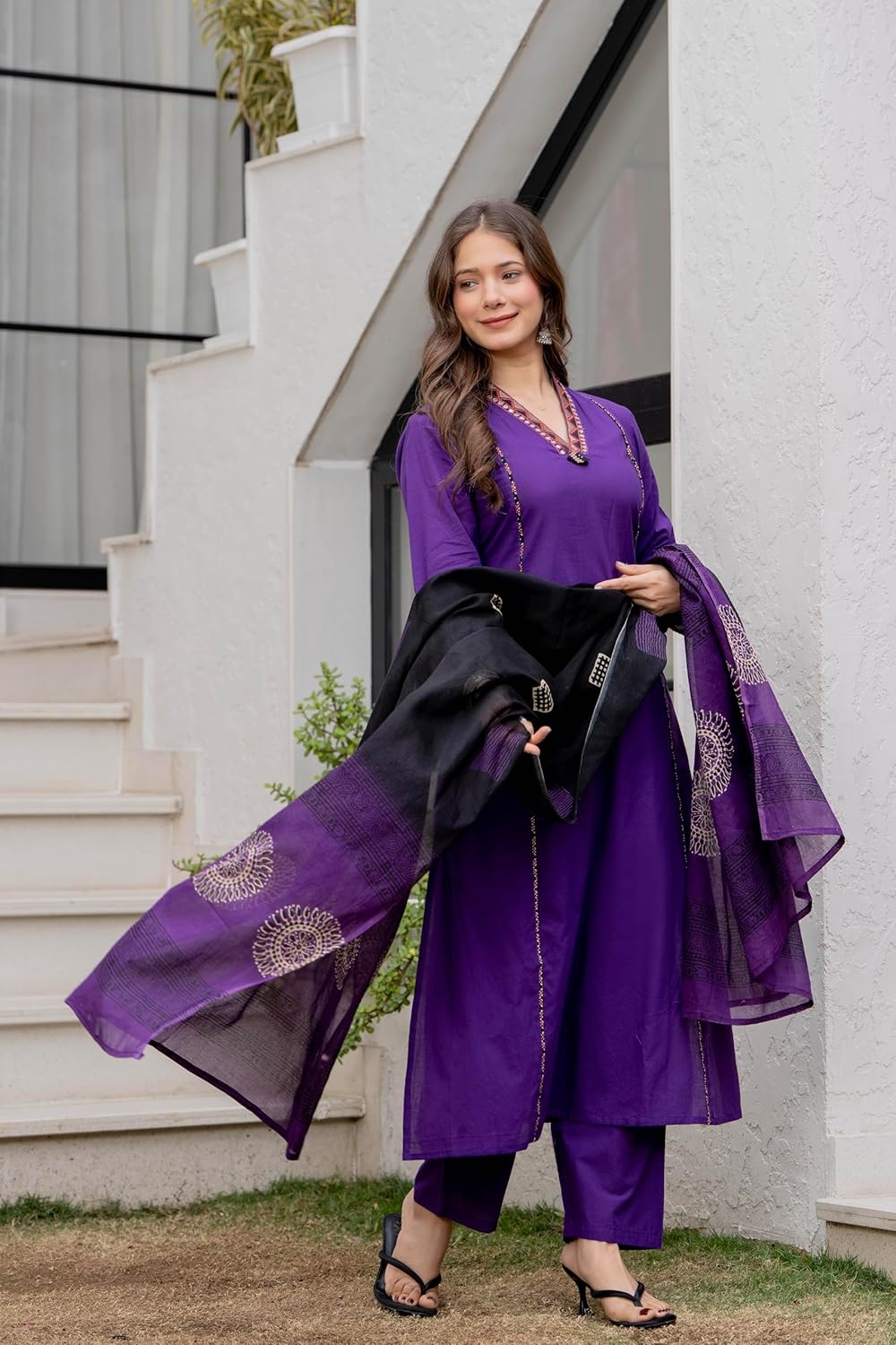 MEERA FAB Women Floral Printed Pure Cotton Straight V-Neck Kurta with Palazzos & Dupatta - Image 41