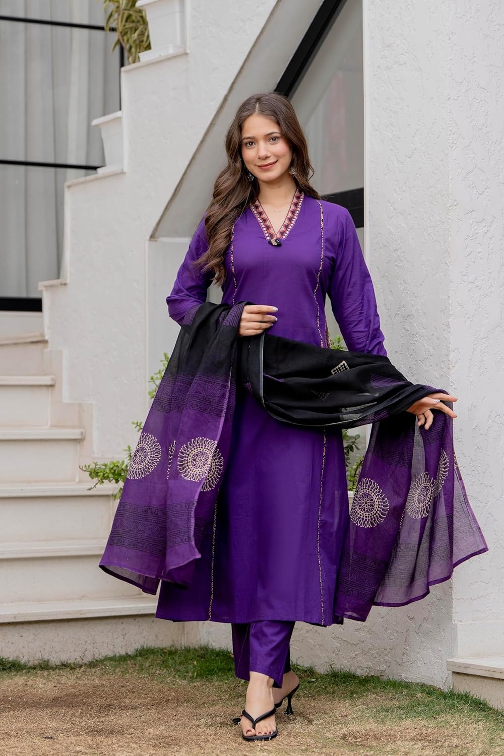 MEERA FAB Women Floral Printed Pure Cotton Straight V-Neck Kurta with Palazzos & Dupatta - Image 42