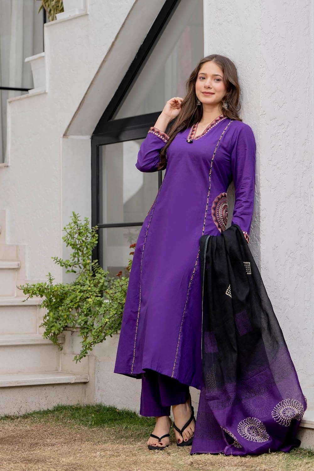 MEERA FAB Women Floral Printed Pure Cotton Straight V-Neck Kurta with Palazzos & Dupatta - Image 43