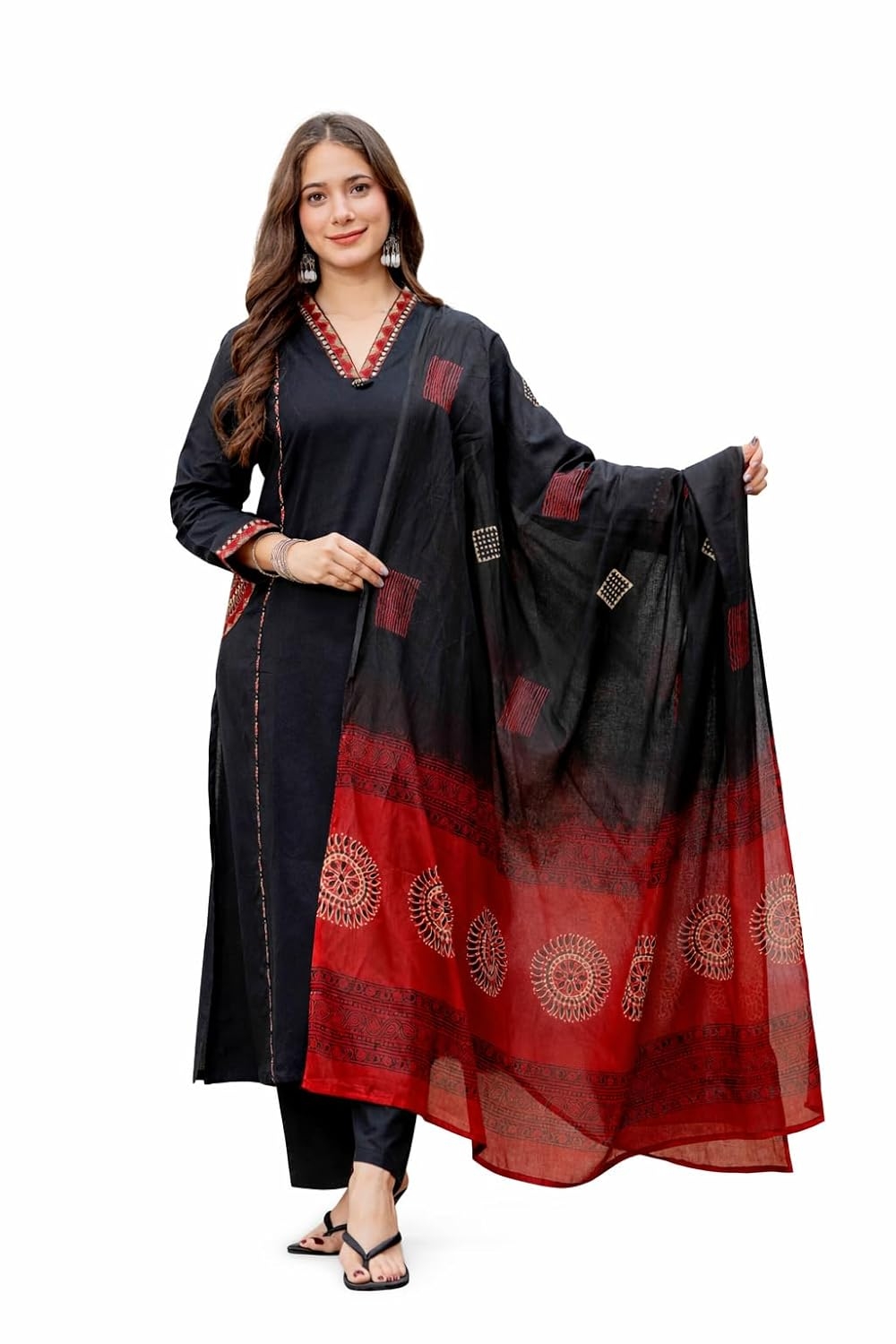 MEERA FAB Women Floral Printed Pure Cotton Straight V-Neck Kurta with Palazzos & Dupatta - Image 46