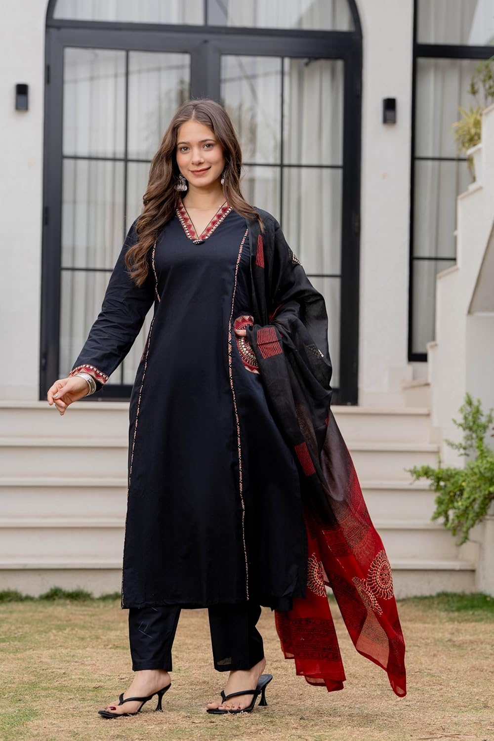 MEERA FAB Women Floral Printed Pure Cotton Straight V-Neck Kurta with Palazzos & Dupatta - Image 50