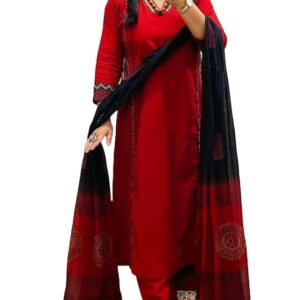 MEERA FAB Women Floral Printed Pure Cotton Straight V-Neck Kurta with Palazzos & Dupatta