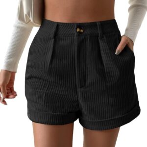 Leriya Fashion Women's High Waist Tailored Shorts, Ribbed Poly Lycra Blend Summer Shorts with Pockets & Button Closure, Elegant Folded Hem Casual Wear for College, Brunch & Daily Outings