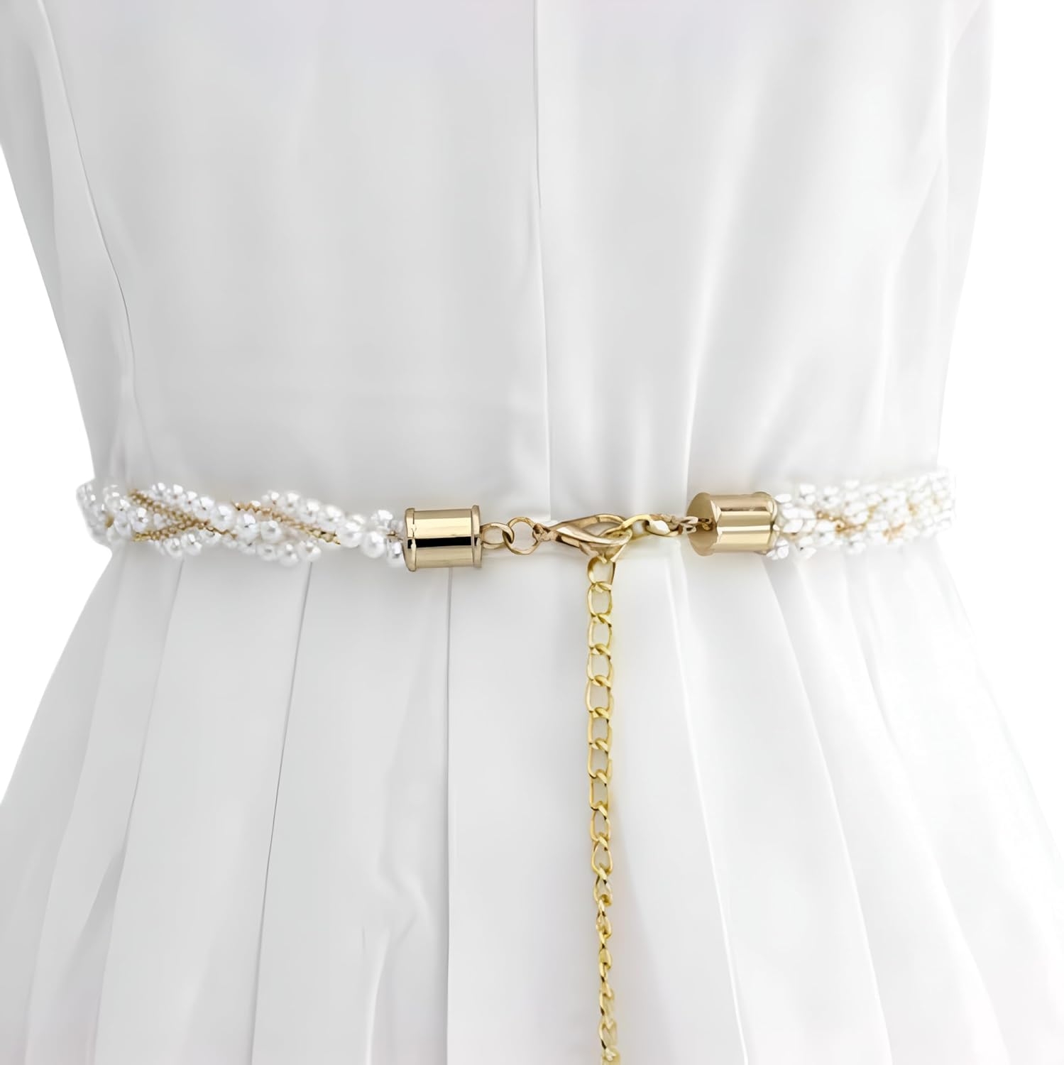 SYGA Women's Pearl Waist Chain with Golden Braided Pearl Buckle Design - Adjustable Kamarband Suitable Size for Waist 26-36 inch