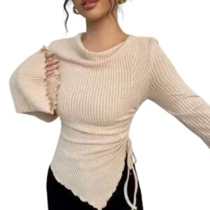 Ribbed Bell Sleeve | Round Neck Slim Fit Stretchable for Casual