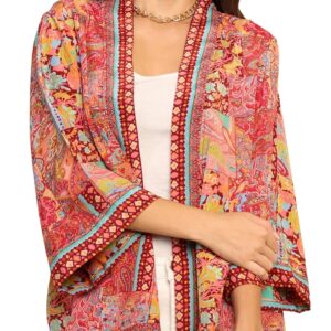 KE KANHA EXPORTS Women's Boho Border Print Shrug|Stylish Kimono Jacket Cover Up|Soft Silky-Feel Premium Fabric|Blue Multicolor|Easily Fits S-M-L|Bust 30-42 in|Length 28 in|Pack of 1