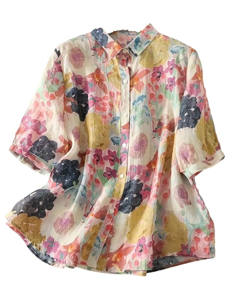 Gufrina Women’s Casual Button-Down Shirt with Multicolor Floral Print & Half Sleeves, Collar Neck