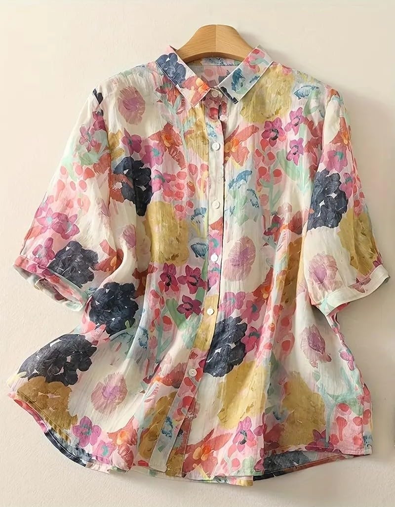 Gufrina Women’s Casual Button-Down Shirt with Multicolor Floral Print & Half Sleeves, Collar Neck - Image 2
