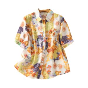 Gufrina Women Mustard Multicolor Floral Print Button-Down Shirt with Elbow Sleeves and Collar Neck in Soft Breathable Fabric Ideal for Casual wear and Relaxed Styling