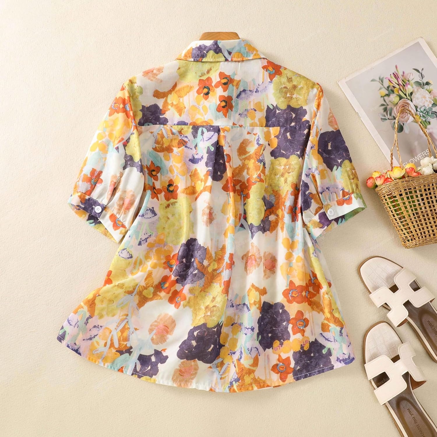 Gufrina Women Mustard Multicolor Floral Print Button-Down Shirt with Elbow Sleeves and Collar Neck in Soft Breathable Fabric Ideal for Casual wear and Relaxed Styling - Image 2