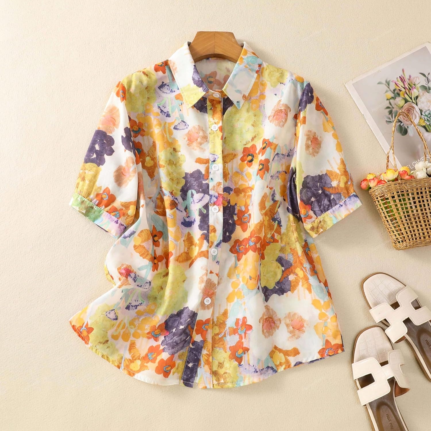 Gufrina Women Mustard Multicolor Floral Print Button-Down Shirt with Elbow Sleeves and Collar Neck in Soft Breathable Fabric Ideal for Casual wear and Relaxed Styling - Image 3