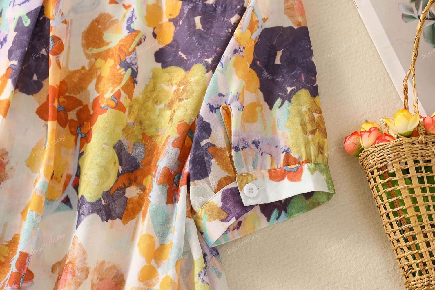 Gufrina Women Mustard Multicolor Floral Print Button-Down Shirt with Elbow Sleeves and Collar Neck in Soft Breathable Fabric Ideal for Casual wear and Relaxed Styling - Image 6