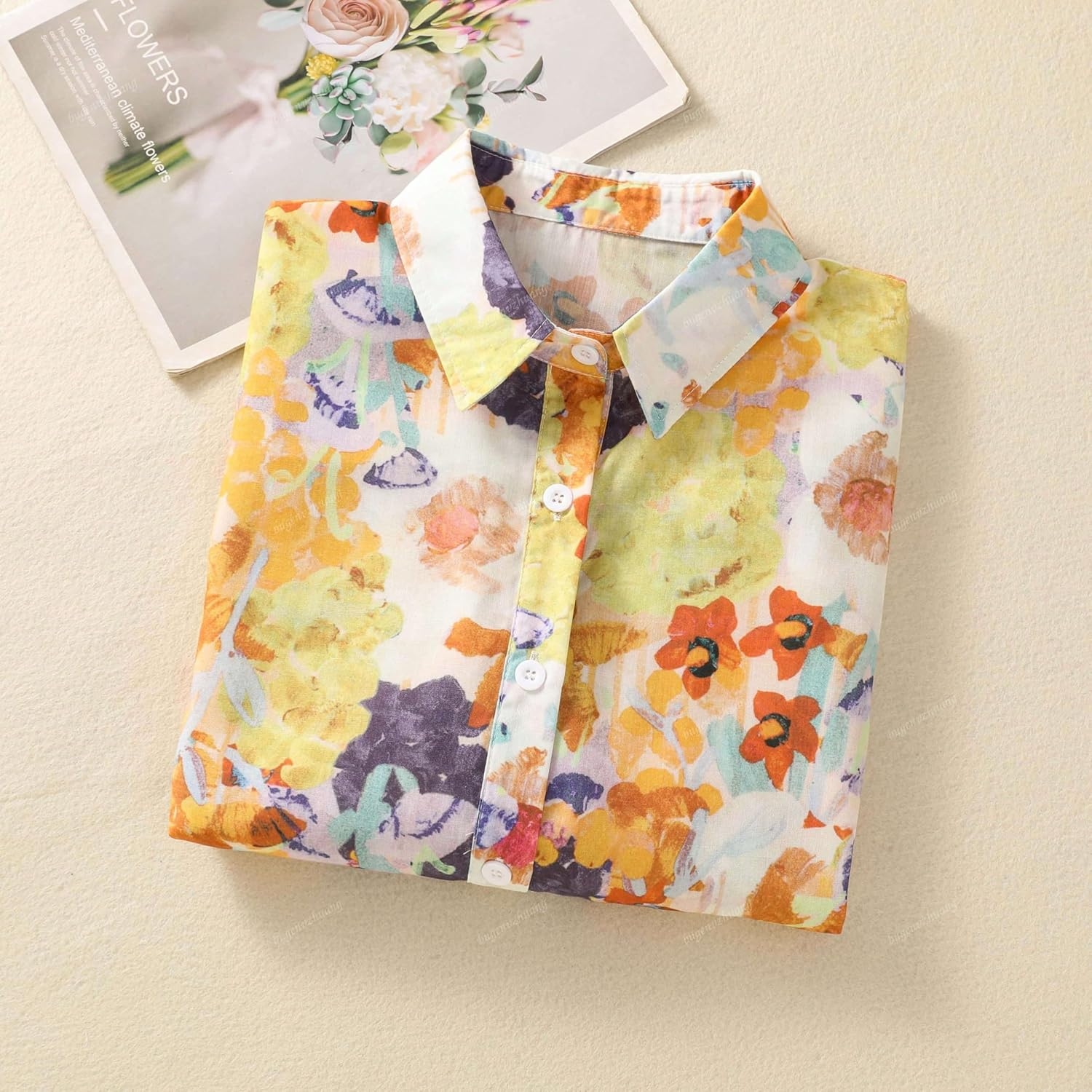 Gufrina Women Mustard Multicolor Floral Print Button-Down Shirt with Elbow Sleeves and Collar Neck in Soft Breathable Fabric Ideal for Casual wear and Relaxed Styling - Image 7