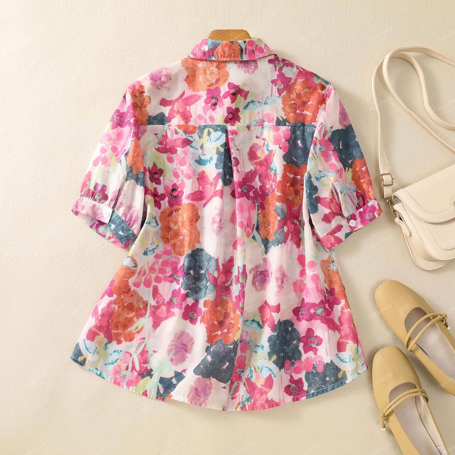 Gufrina Women Mustard Multicolor Floral Print Button-Down Shirt with Elbow Sleeves and Collar Neck in Soft Breathable Fabric Ideal for Casual wear and Relaxed Styling - Image 9