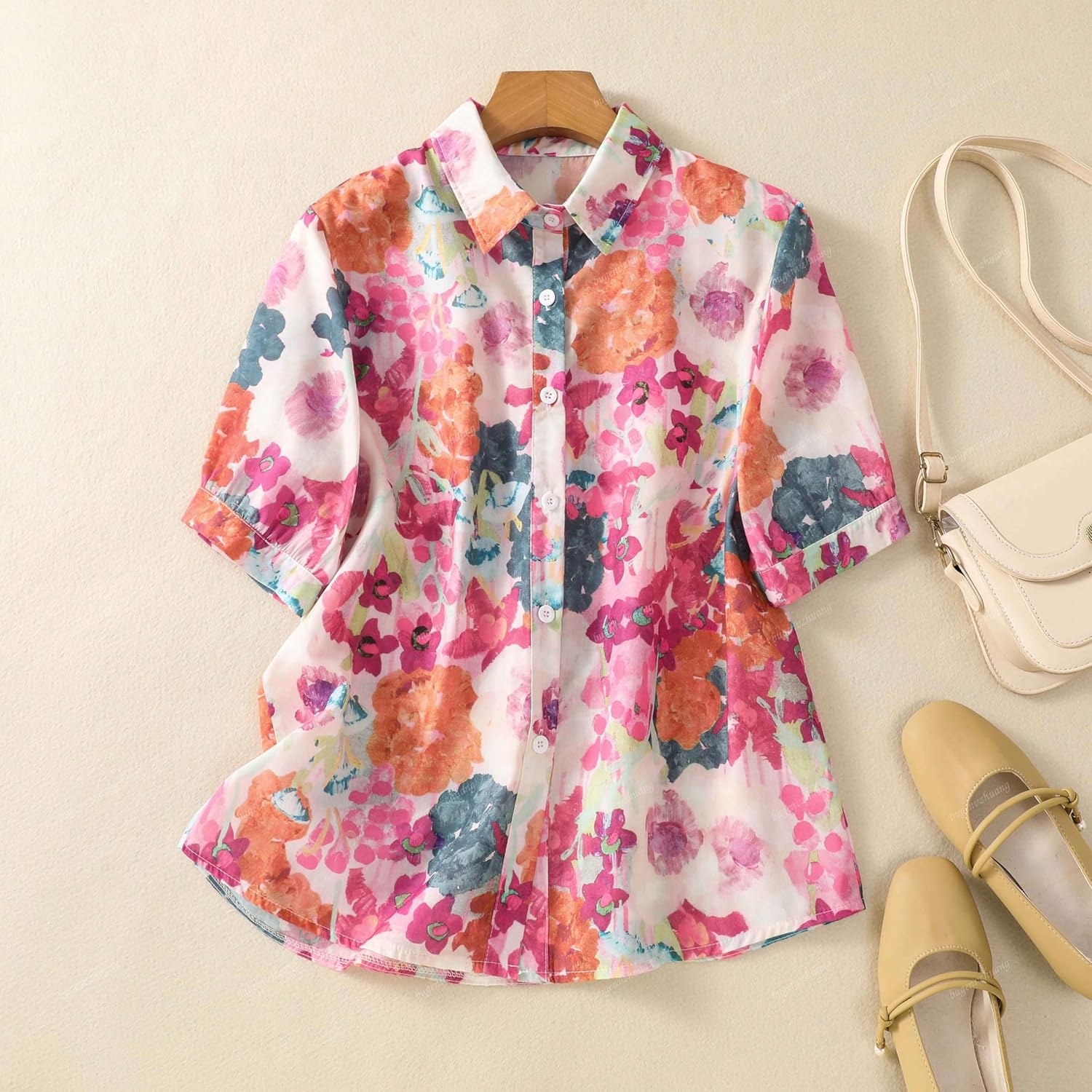 Gufrina Women Mustard Multicolor Floral Print Button-Down Shirt with Elbow Sleeves and Collar Neck in Soft Breathable Fabric Ideal for Casual wear and Relaxed Styling - Image 10