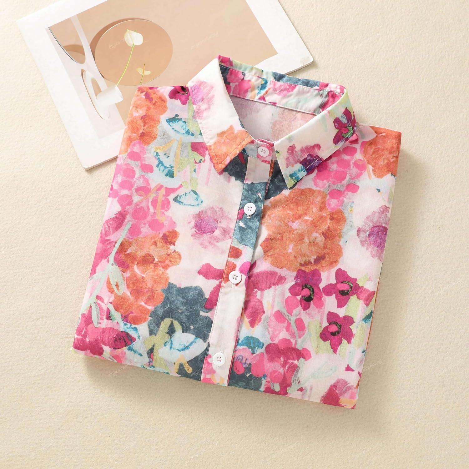 Gufrina Women Mustard Multicolor Floral Print Button-Down Shirt with Elbow Sleeves and Collar Neck in Soft Breathable Fabric Ideal for Casual wear and Relaxed Styling - Image 14