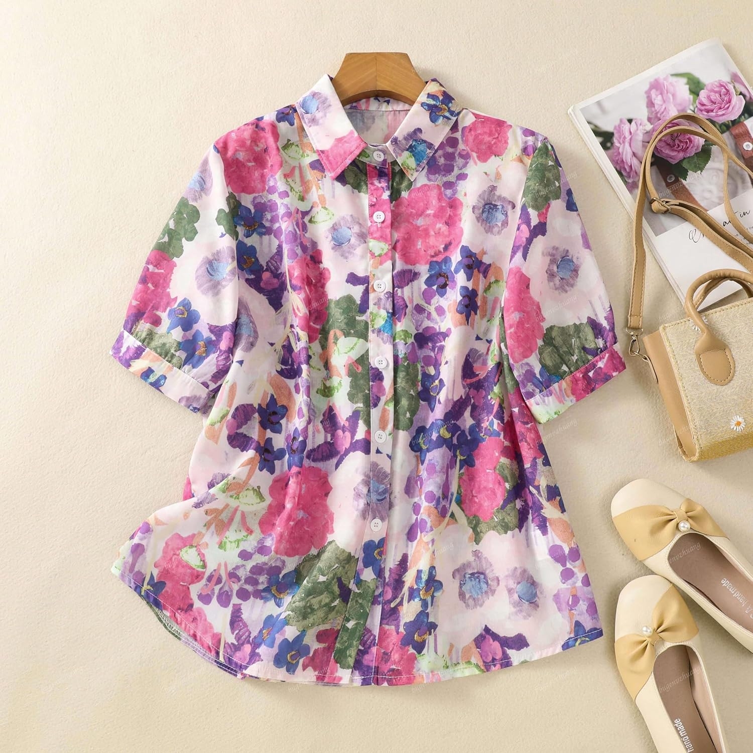 Gufrina Women Mustard Multicolor Floral Print Button-Down Shirt with Elbow Sleeves and Collar Neck in Soft Breathable Fabric Ideal for Casual wear and Relaxed Styling - Image 17