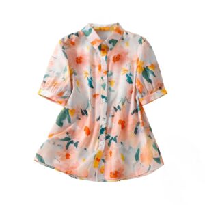 Gufrina Women’s Casual Button-Down Shirt with Multicolor Floral Print & Half Sleeves, Collar Neck