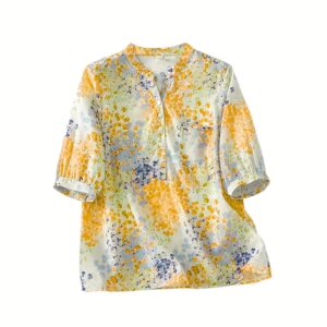 Gufrina Women's Blush Pink Abstract Printed Western Top with Mandarin Collar, Half Button Placket and Relaxed Fit Sleeves