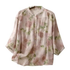 Gufrina Women’s Light Rose Floral Printed Button Down Shirt with Mandarin Collar and Relaxed Fit 3/4 Sleeves