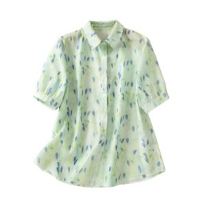Gufrina Women's Sea Green Leaf Printed Western Shirt with Button Down Front, Puff Sleeves and Relaxed Fit Design