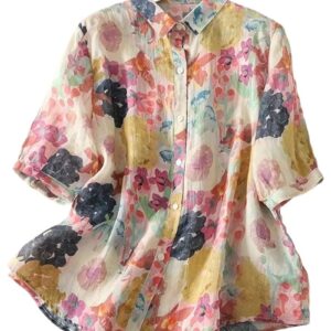 Gufrina Women’s Casual Button-Down Shirt with Multicolor Floral Print & Half Sleeves, Collar Neck