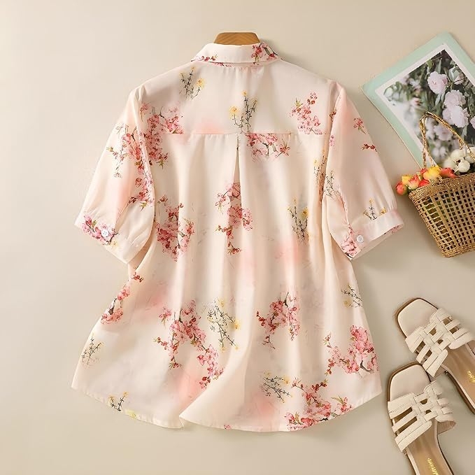 Gufrina Women Floral Printed Shirt Short Sleeve Button Down Top | Casual Summer Blouse Lightweight Soft Fabric Regular Fit Stylish Top - Image 2