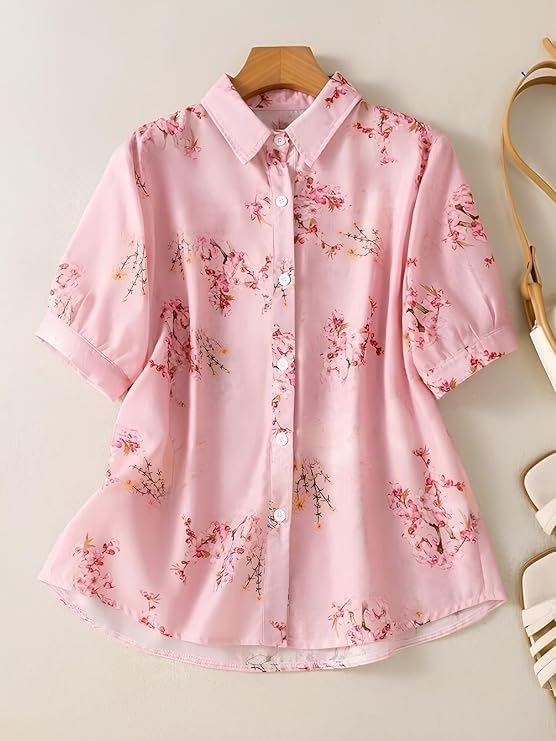 Gufrina Women Floral Printed Shirt Short Sleeve Button Down Top | Casual Summer Blouse Lightweight Soft Fabric Regular Fit Stylish Top - Image 9