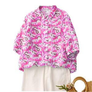 Gufrina Women’s Abstract Printed Button Down Shirt with Mandarin Collar and Above Elbow Sleeve Relaxed Fit Top