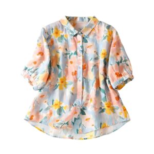 Gufrina Women’s Casual Button-Down Shirt with Multicolor Floral Print & Half Sleeves, Collar Neck
