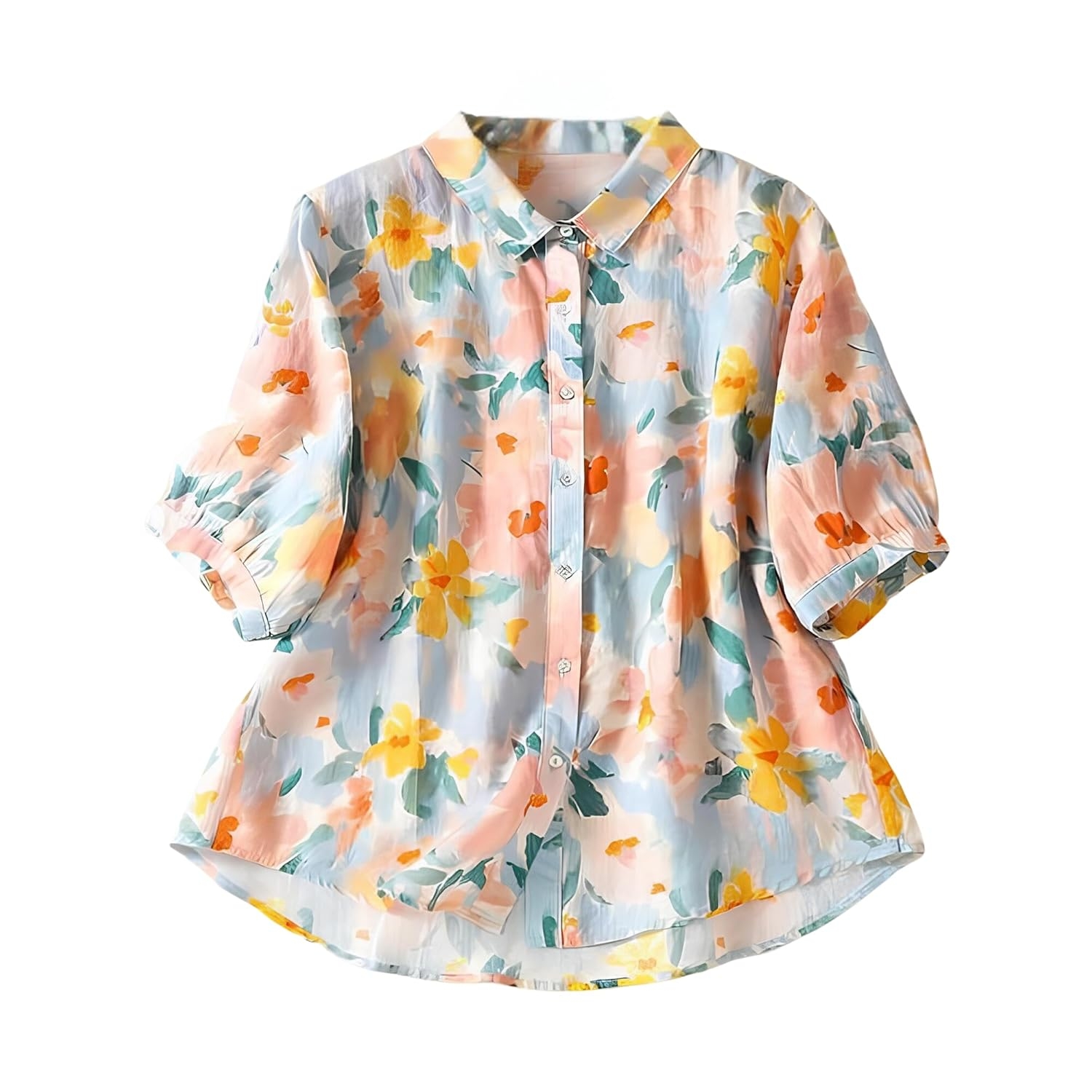Gufrina Women’s Casual Button-Down Shirt with Multicolor Floral Print & Half Sleeves, Collar Neck